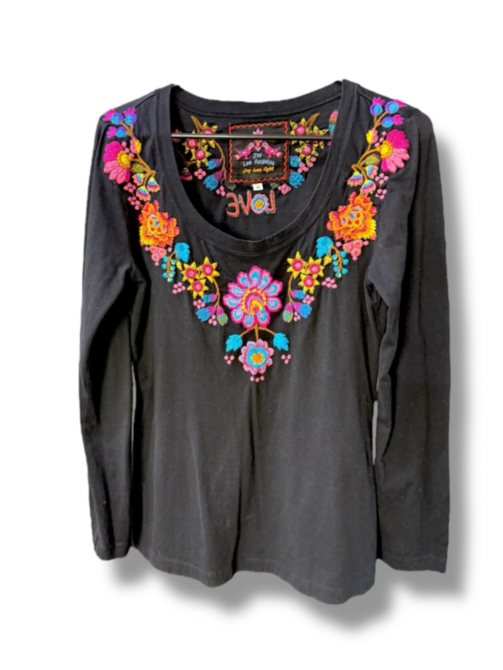 Johnny Was Joy Love Light Embroidered Floral Black Cotton Long Sleeve Top M